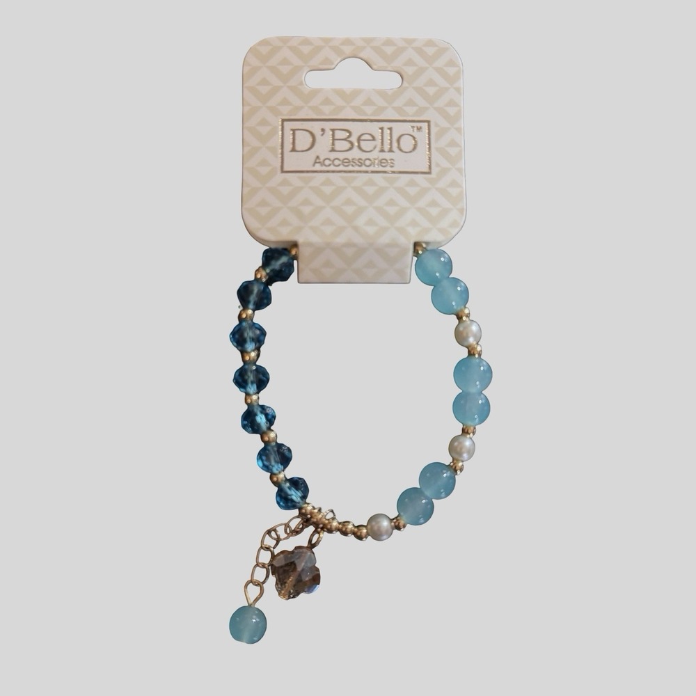 D'Bello Beaded Stretch Charm Bracelet  Womens Blue Gold Jewelry Costume Gift NEW